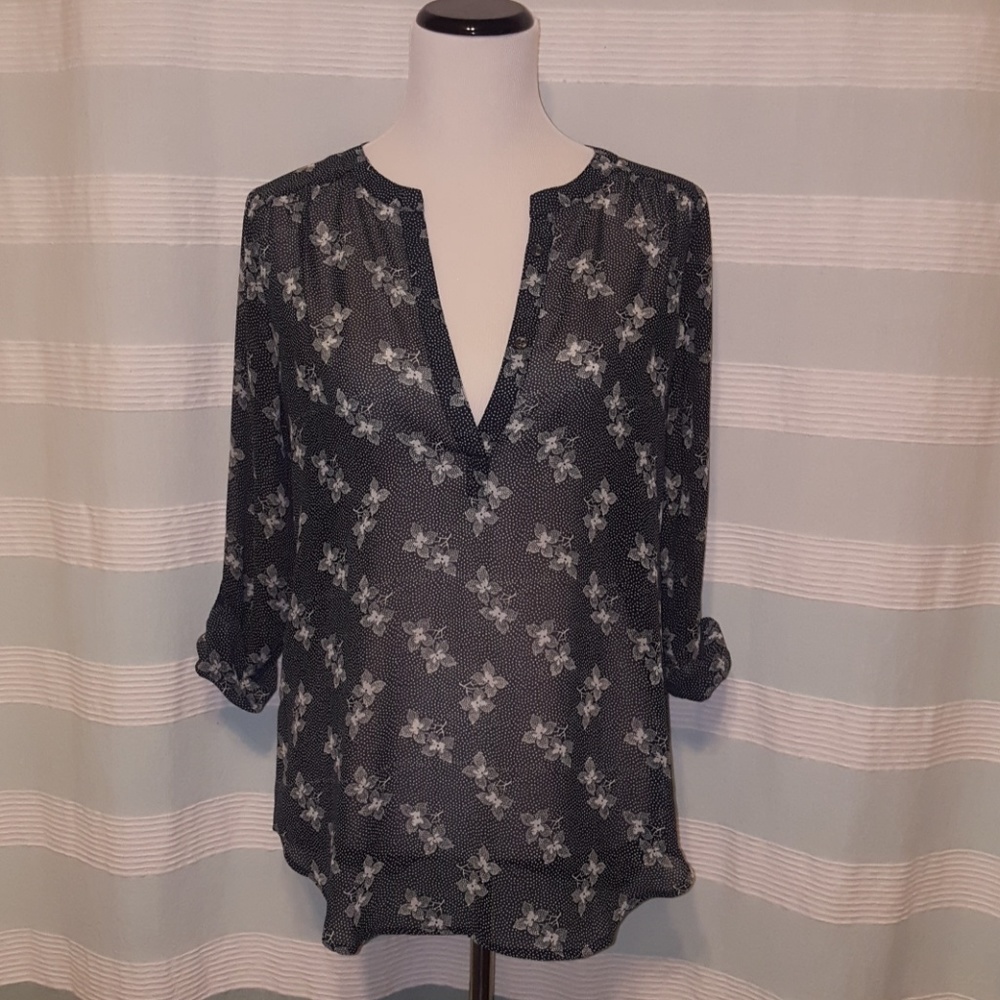 Blue and white, sheer floral blouse